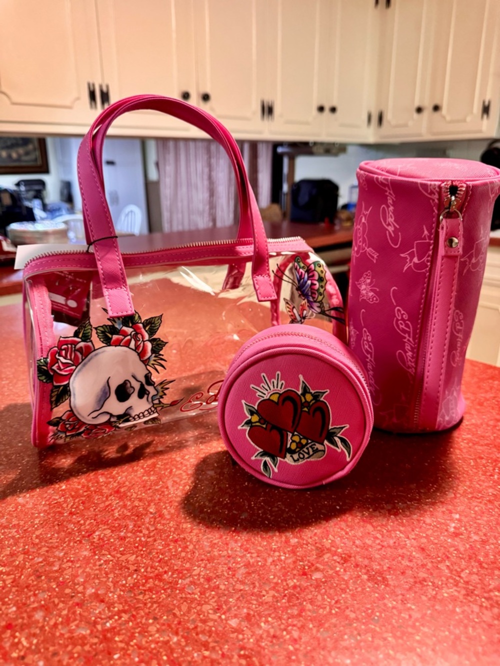 Pink Clear Cosmetic Tote Set with Tattoo Heart & Skull Accents